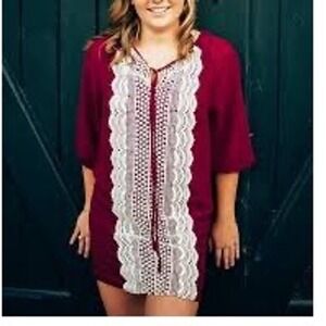 Altar'd State Tunic Dress Crochet Lace Detail 3/4 Sleeve Maroon Small